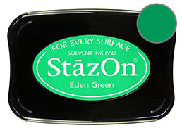 Buy a eden green StazOn stamp pad, which features a permanent, quick-drying ink designed for non-porous surfaces.