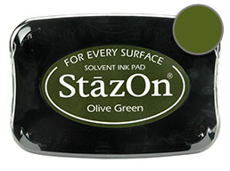 Buy a olive green StazOn stamp pad, which features a permanent, quick-drying ink designed for non-porous surfaces.