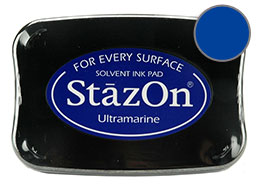 Buy a blue StazOn stamp pad, which features a permanent, quick-drying ink designed for non-porous surfaces.