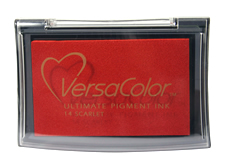 Purchase a vibrant scarlet Versacolor stamp pad.  Non-toxic, water-soluble pigment ink.  Measures 2 3/8 inches by 3 3/4 inches.