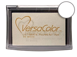 Purchase a vibrant white Versacolor stamp pad.  Non-toxic, water-soluble pigment ink.  Measures 2 3/8 inches by 3 3/4 inches.