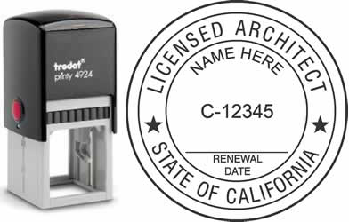 Customize and order a California architect stamp online! Personalize, preview instantly, meets all requirements for California professional architects, self-inking stamp with ink refills available. No minimums, fast turnaround, quality guaranteed.