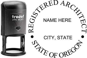 Customize and order an Oregon Architect stamp online! Personalize, preview instantly, meets all requirements for Oregon professional architects, self-inking stamp with ink refills available. No minimums, fast turnaround, quality guaranteed.
