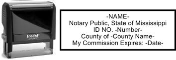 Customize and order a self-inking notary rubber stamp for the state of Mississippi.  Meets all specifications and requirements for Mississippi notary stamps.