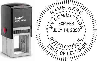 Customize and order a self-inking notary rubber stamp for the state of Delaware.  Meets all specifications and requirements for Delaware notary stamps. No minimums, fast turnaround, quality guaranteed.