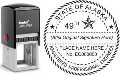 Customize and order an Alaska PE stamp online! Personalize, preview instantly, meets all requirements for Alaska professional engineers, self-inking stamp with ink refills available. No minimums, fast turnaround, quality guaranteed.