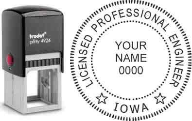 Customize and order an Iowa PE stamp online! Personalize, preview instantly, meets all requirements for Iowa professional engineers, self-inking stamp with ink refills available. No minimums, fast turnaround, quality guaranteed.