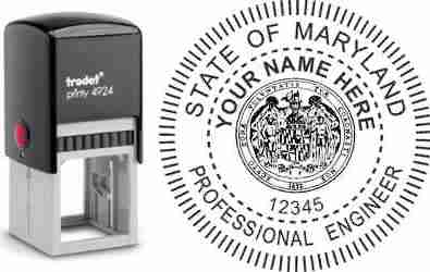Customize and order a Maryland PE stamp online! Personalize, preview instantly, meets all requirements for Maryland professional engineers, self-inking stamp with ink refills available. No minimums, fast turnaround, quality guaranteed.