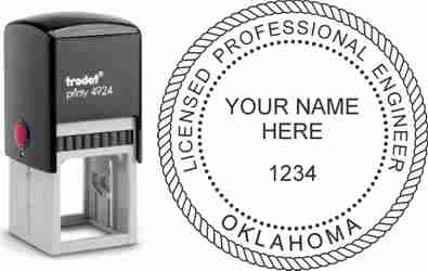Customize and order a Oklahoma PE stamp online! Personalize, preview instantly, meets all requirements for Oklahoma professional engineers, self-inking stamp with ink refills available. No minimums, fast turnaround, quality guaranteed.