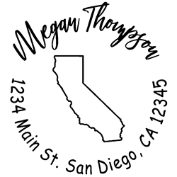 California state address stamp, choice of 30+ ink colors, customize instantly online, personalize name, special note and more. Designer fonts, no minimums, fast turnaround, quality guaranteed.
