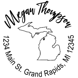 Michigan state address stamp, choice of 30+ ink colors, customize instantly online, personalize name, special note and more. Designer fonts, no minimums, fast turnaround, quality guaranteed.
