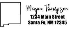 New Mexico state return address stamp, choice of 30+ ink colors, customize instantly online, personalize name, special note and more. Designer fonts, no minimums, fast turnaround, quality guaranteed.