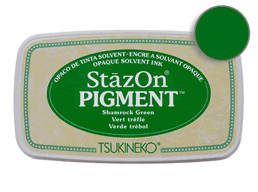 Buy a StazOn Pigment Shamrock Green Stamp pad designed for non-porous surfaces.
