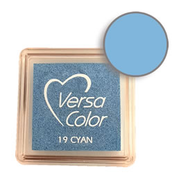 Purchase a vibrant and creamy cyan Versacolor ink pad. Over 70 colors available!  Non-toxic, child-safe, acid free, water-soluble pigment ink.  Measures 15/16 inches by 15/16 inches.