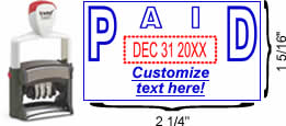 Buy a "PAID" custom date stamp with rotating month, date and year bands. Self-inking stamp with customizable area below date.