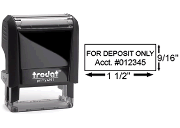 Customize a self-inking deposit stamp in real-time online!  Upload signature or company logo, choose 30+ fonts, quick turnaround, no minimums, replacement pads available.