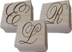 Three Wood-Mounted Ornate Script Monogram Rubber Stamps