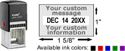 Buy a Trodat 4750 custom date stamp with rotating month, date and year bands for home or office.  Add your own text and choose from one of five different ink colors.