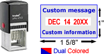 Buy a Trodat 4750 date stamp with rotating bands for month, date and year.  Self-inking stamp with date in red, customizable text in blue.