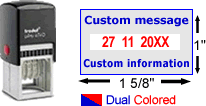 Buy a Trodat 4750 custom date stamp with rotating number bands for month, date, and year.  Self-inking stamp with date in red and custom text in blue.