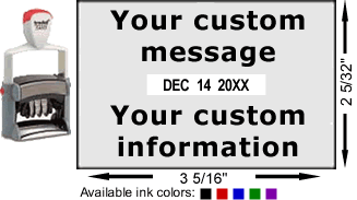 Extra-large self-inking date stamp has rotating bands for month, date, and year, plus space for custom text.