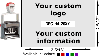 Extra-large self-inking date stamp has rotating bands for month, date, and year.  Add your own custom text or upload a logo.