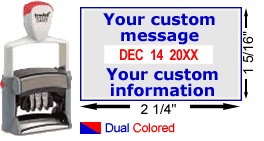 Buy a self-inking date stamp with rotating month, date and year bands and customizable text above or below.