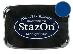 Buy a midnight blue StazOn stamp pad, which features a permanent, quick-drying ink designed for non-porous surfaces.