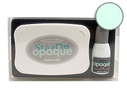 Buy a StazOn stamp pad and refill bottle of opaque mellow mint ink, which feature a permanent, quick-drying ink designed for non-porous surfaces.