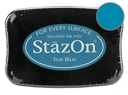 Buy a teal StazOn stamp pad, which features a permanent, quick-drying ink designed for non-porous surfaces.