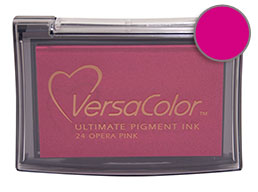 Purchase a vibrant opera pink Versacolor stamp pad.  Non-toxic, water-soluble pigment ink.  Measures 2 3/8 inches by 3 3/4 inches.