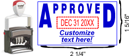 Buy a custom date stamp with rotating month, date and year bands, and the heading "Approved" in bold text. Self-inking stamp with customizable area below date.