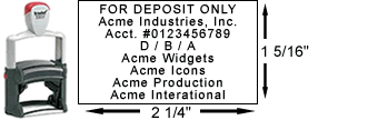 Customize a large self-inking deposit stamp in real-time online!  Upload signature or company logo, choose 30+ fonts, quick turnaround, no minimums, replacement pads available.