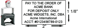 Customize a medium self-inking deposit stamp in real-time online!  Upload signature or company logo, choose 30+ fonts, quick turnaround, no minimums, replacement pads available.