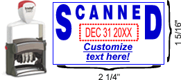 Buy a "scanned" custom date stamp with rotating month, date and year bands. Self-inking stamp with space for customizable text below date.