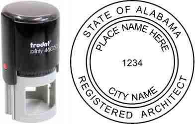 Customize and order a Alabama architect stamp online! Personalize, preview instantly, meets all requirements for Alabama professional architects, self-inking stamp with ink refills available. No minimums, fast turnaround, quality guaranteed.