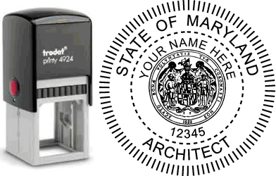 Customize and order a Maryland Architect stamp online! Personalize, preview instantly, meets all requirements for Maryland architects, self-inking stamp with ink refills available. No minimums, fast turnaround, quality guaranteed.