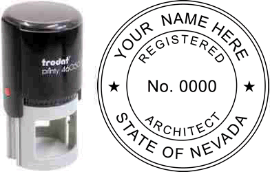 Customize and order a Nevada architect stamp online! Personalize, preview instantly, meets all requirements for Nevada professional architects, self-inking stamp with ink refills available. No minimums, fast turnaround, quality guaranteed.