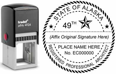 Customize and order an Alaska Architect stamp online! Personalize, preview instantly, meets all requirements for Alaska professional architects, self-inking stamp with ink refills available. No minimums, fast turnaround, quality guaranteed.