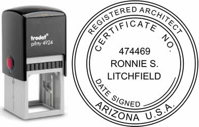 Customize and order an Arizona Architect stamp online! Personalize, preview instantly, meets all requirements for Arizona professional architects, self-inking stamp with ink refills available. No minimums, fast turnaround, quality guaranteed.