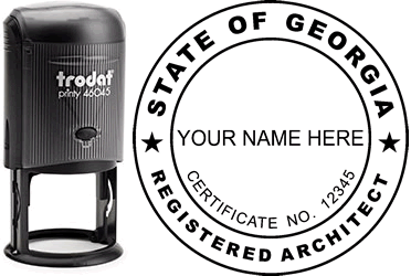 Customize and order a Georgia architect stamp online! Personalize, preview instantly, meets all requirements for Georgia professional architects, self-inking stamp with ink refills available. No minimums, fast turnaround, quality guaranteed.