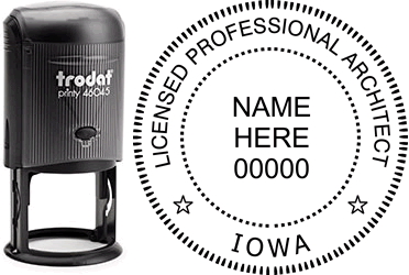 Customize and order an Iowa Architect stamp online! Personalize, preview instantly, meets all requirements for Iowa professional architects, self-inking stamp with ink refills available. No minimums, fast turnaround, quality guaranteed.