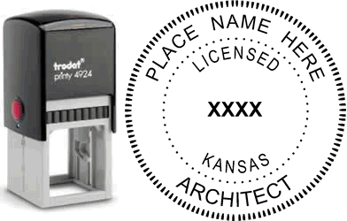 Customize and order an Kansas Architect stamp online! Personalize, preview instantly, meets all requirements for Kansas architects, self-inking stamp with ink refills available. No minimums, fast turnaround, quality guaranteed.