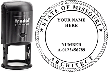 Customize and order an Missouri Architect stamp online! Personalize, preview instantly, meets all requirements for Missouri professional architects, self-inking stamp with ink refills available. No minimums, fast turnaround, quality guaranteed.