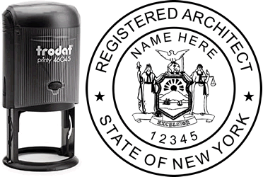 Customize and order a New York architect stamp online! Personalize, preview instantly, meets all requirements for New York professional architects, self-inking stamp with ink refills available. No minimums, fast turnaround, quality guaranteed.