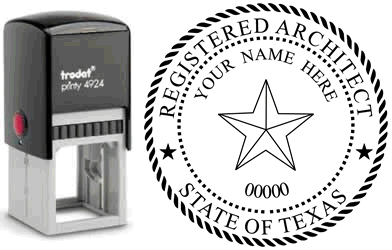 Customize and order an Texas Architect stamp online! Personalize, preview instantly, meets all requirements for Texas architects, self-inking stamp with ink refills available. No minimums, fast turnaround, quality guaranteed.