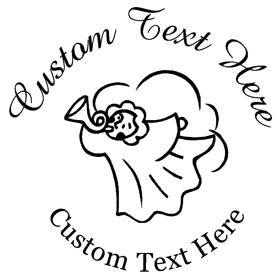Customize this angel stamp with a personalized message or special greeting.  Select from five different ink colors.  Stamp features angel playing horn.