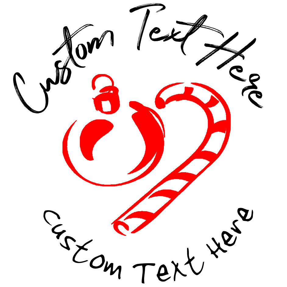 Candy Cane with Ornament Rubber Stamp - Red Graphic, Colored Text Options