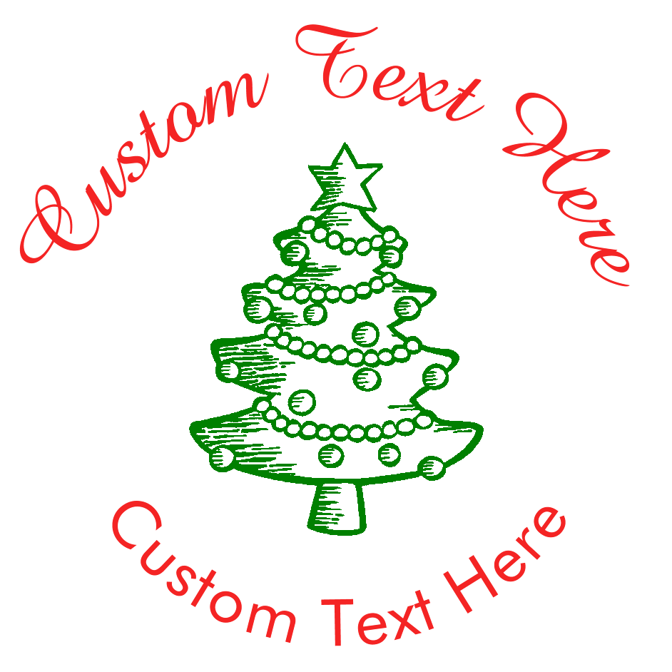Customize this christmas tree stamp with a personalized message or special greeting.  Self-inking stamp comes with choice of five different ink colors.  Stamp features Christmas tree with ornaments and tinsel.