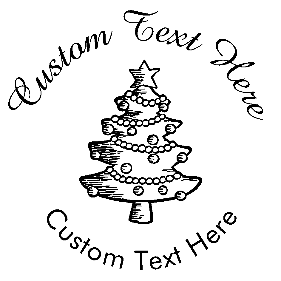 Customize this christmas tree stamp with a personalized message or special greeting.  Select from five different ink colors on this self-inking stamp!  Stamp features Christmas tree with ornaments and tinsel.